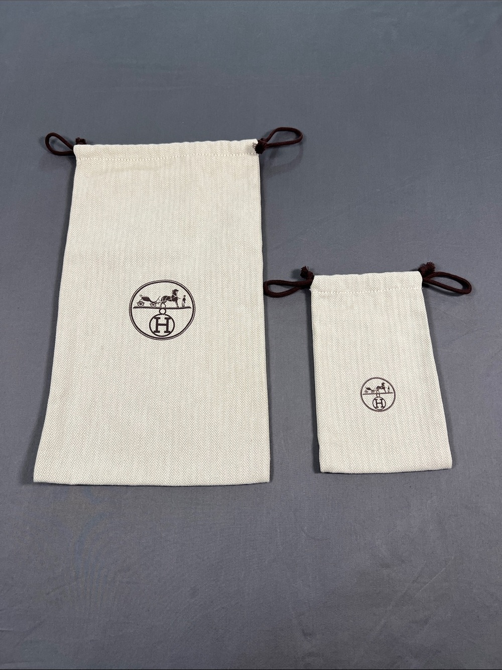 Hermes Cream Canvas Drawstring Pouch Duo with Brown Cords